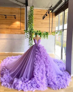 Sexy Light Purple Wedding Dresses Ball Gown Tulle Skirts Spaghetti Straps V-Neck Beaded Bridal Wedding Gowns 803075