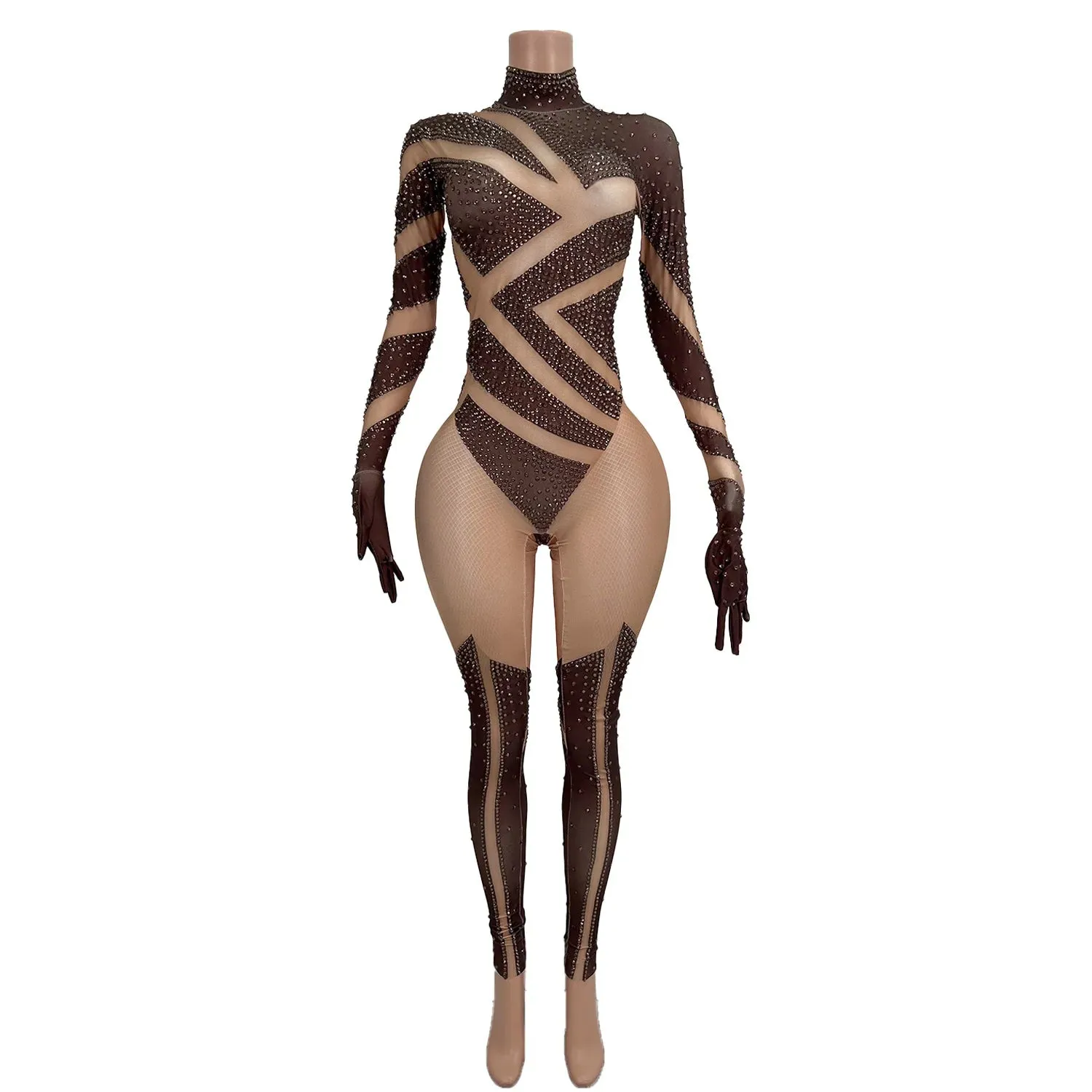 Sexy Stretchy Performance Dance Nightclub Rompers Show Stage Wear Sparkly Rhinestones Jumpsuit Gloves For Women Costume Jimu