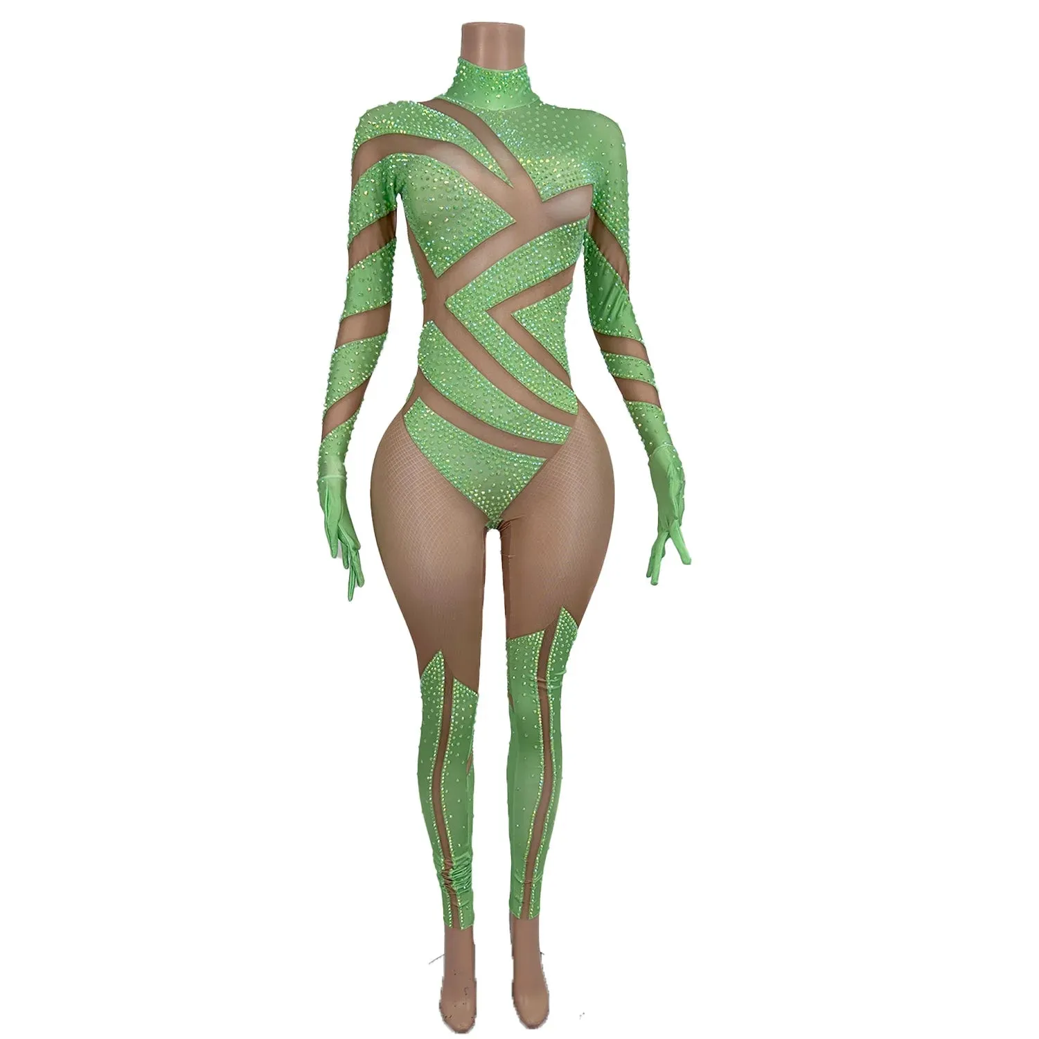 Sexy Stretchy Performance Dance Nightclub Rompers Show Stage Wear Sparkly Rhinestones Jumpsuit Gloves For Women Costume Jimu