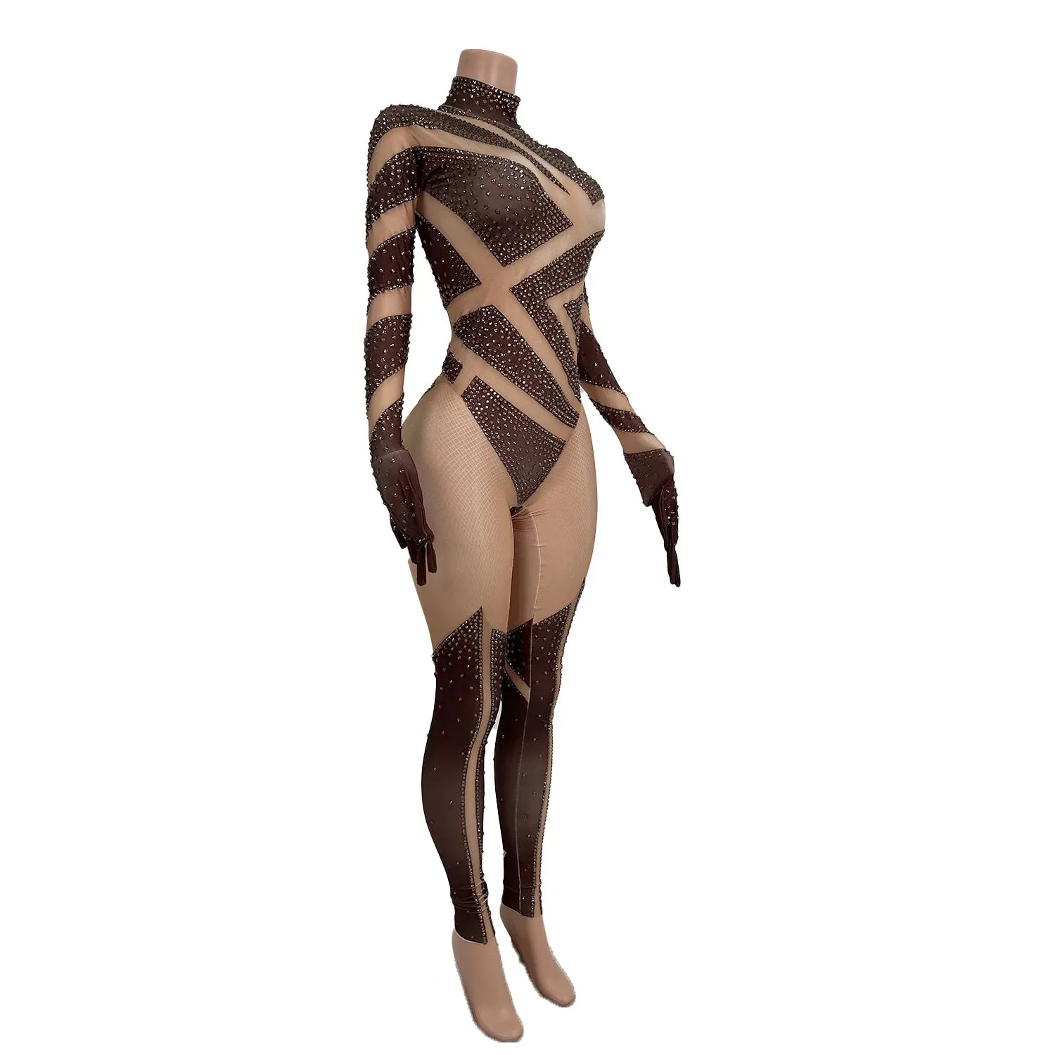 Sexy Stretchy Performance Dance Nightclub Rompers Show Stage Wear Sparkly Rhinestones Jumpsuit Gloves For Women Costume Jimu