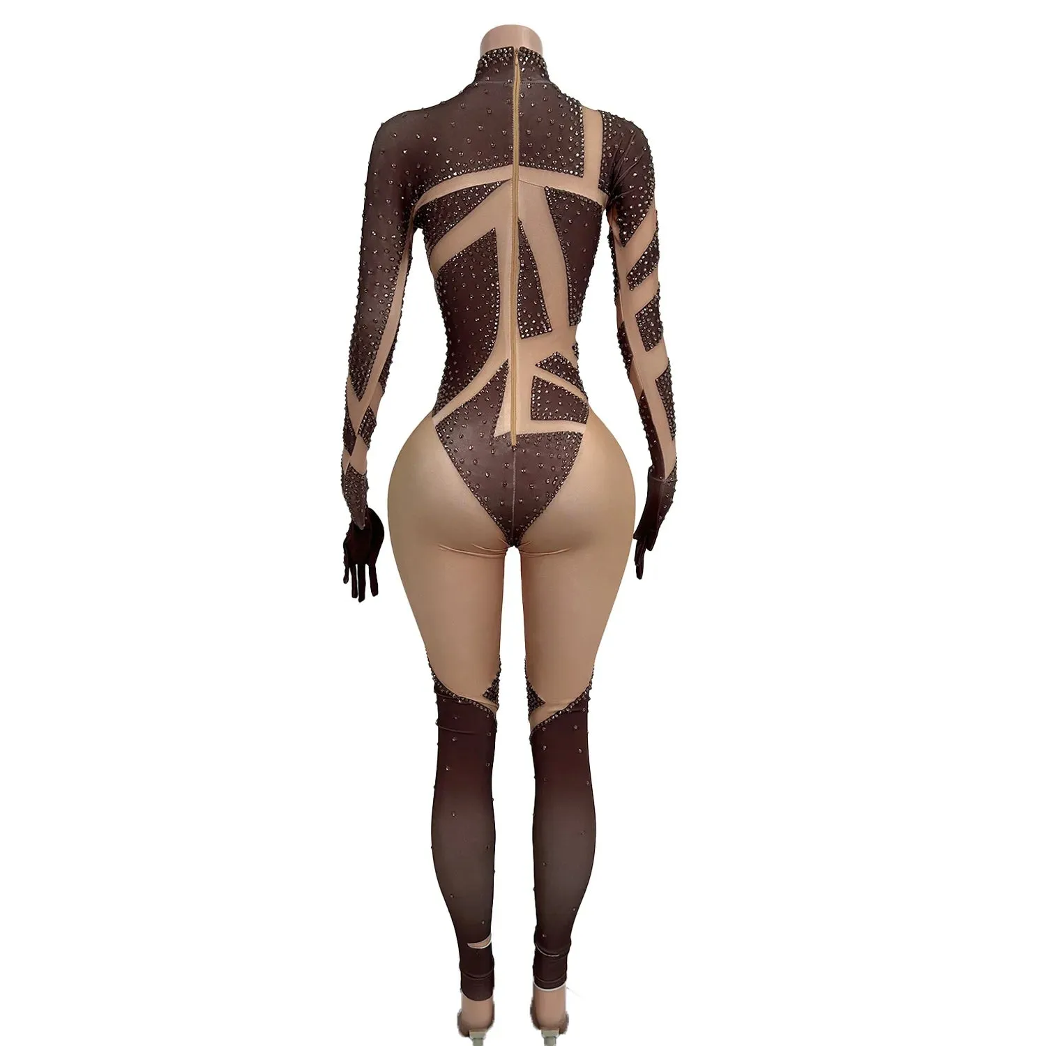 Sexy Stretchy Performance Dance Nightclub Rompers Show Stage Wear Sparkly Rhinestones Jumpsuit Gloves For Women Costume Jimu