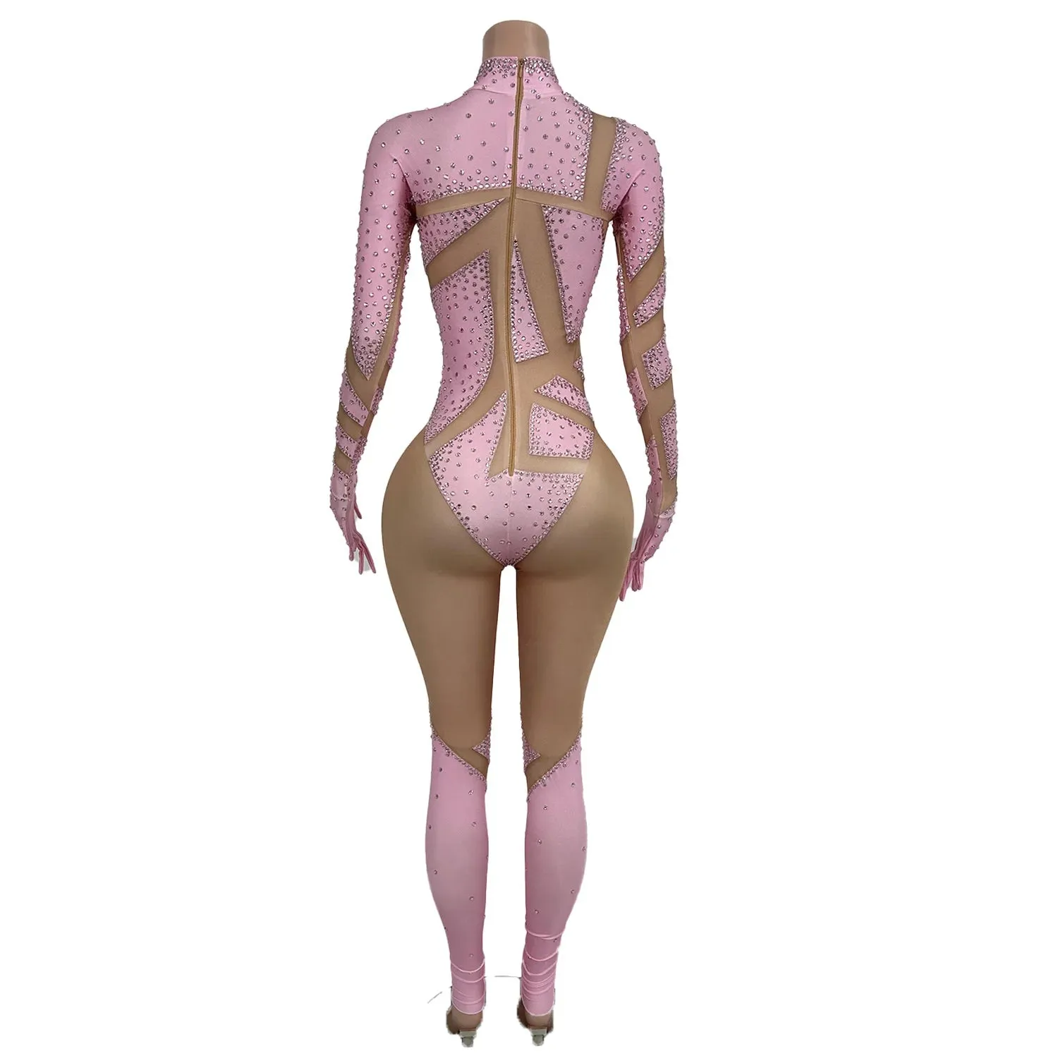 Sexy Stretchy Performance Dance Nightclub Rompers Show Stage Wear Sparkly Rhinestones Jumpsuit Gloves For Women Costume Jimu