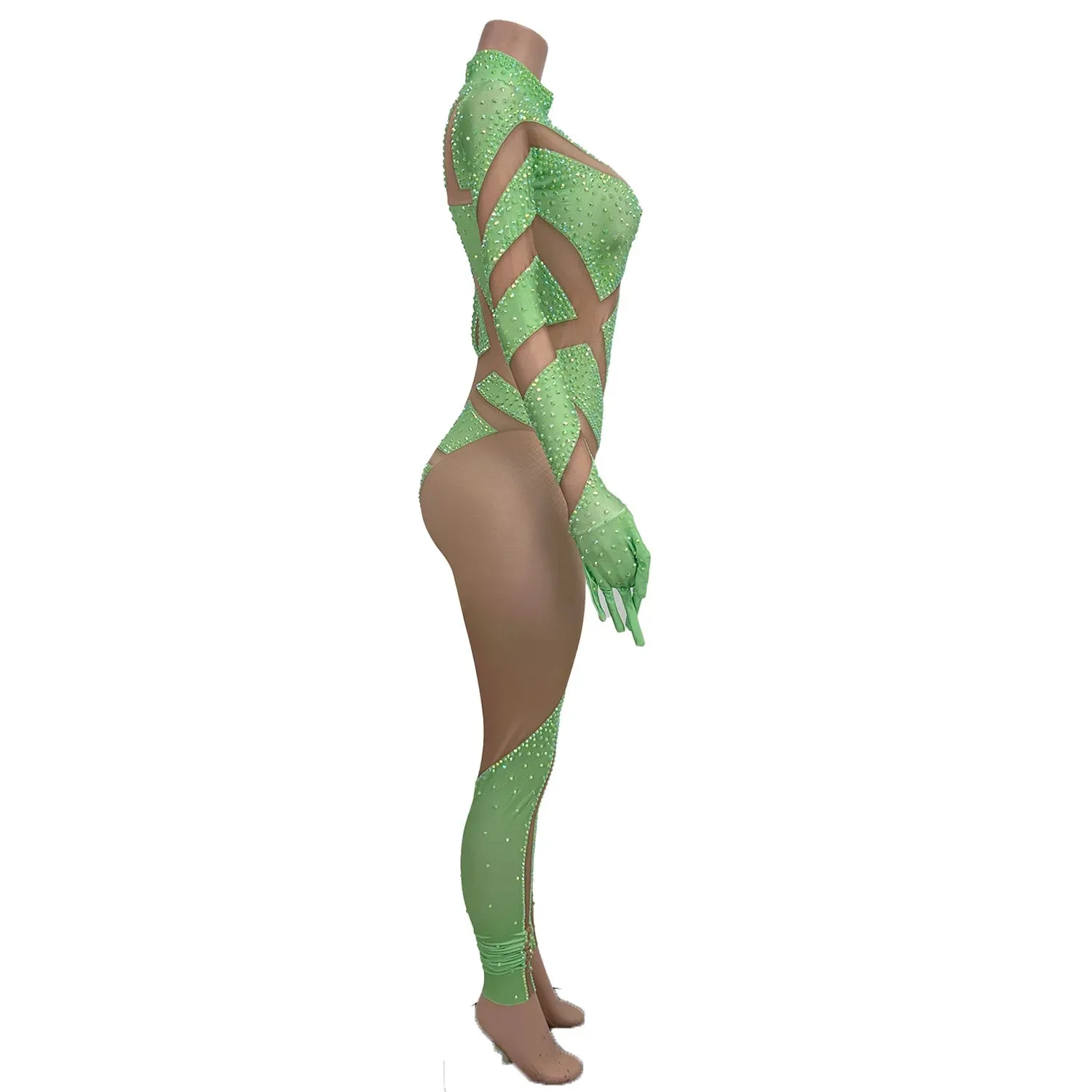 Sexy Stretchy Performance Dance Nightclub Rompers Show Stage Wear Sparkly Rhinestones Jumpsuit Gloves For Women Costume Jimu