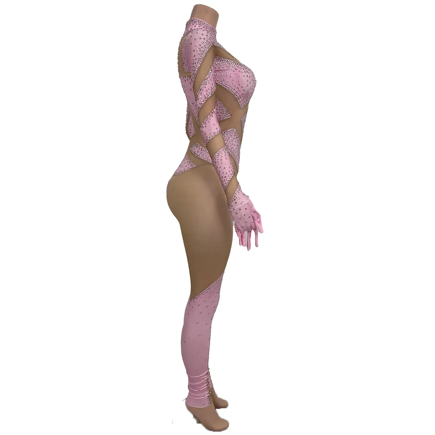 Sexy Stretchy Performance Dance Nightclub Rompers Show Stage Wear Sparkly Rhinestones Jumpsuit Gloves For Women Costume Jimu