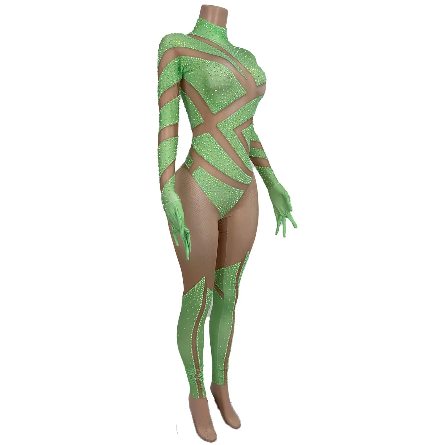 Sexy Stretchy Performance Dance Nightclub Rompers Show Stage Wear Sparkly Rhinestones Jumpsuit Gloves For Women Costume Jimu