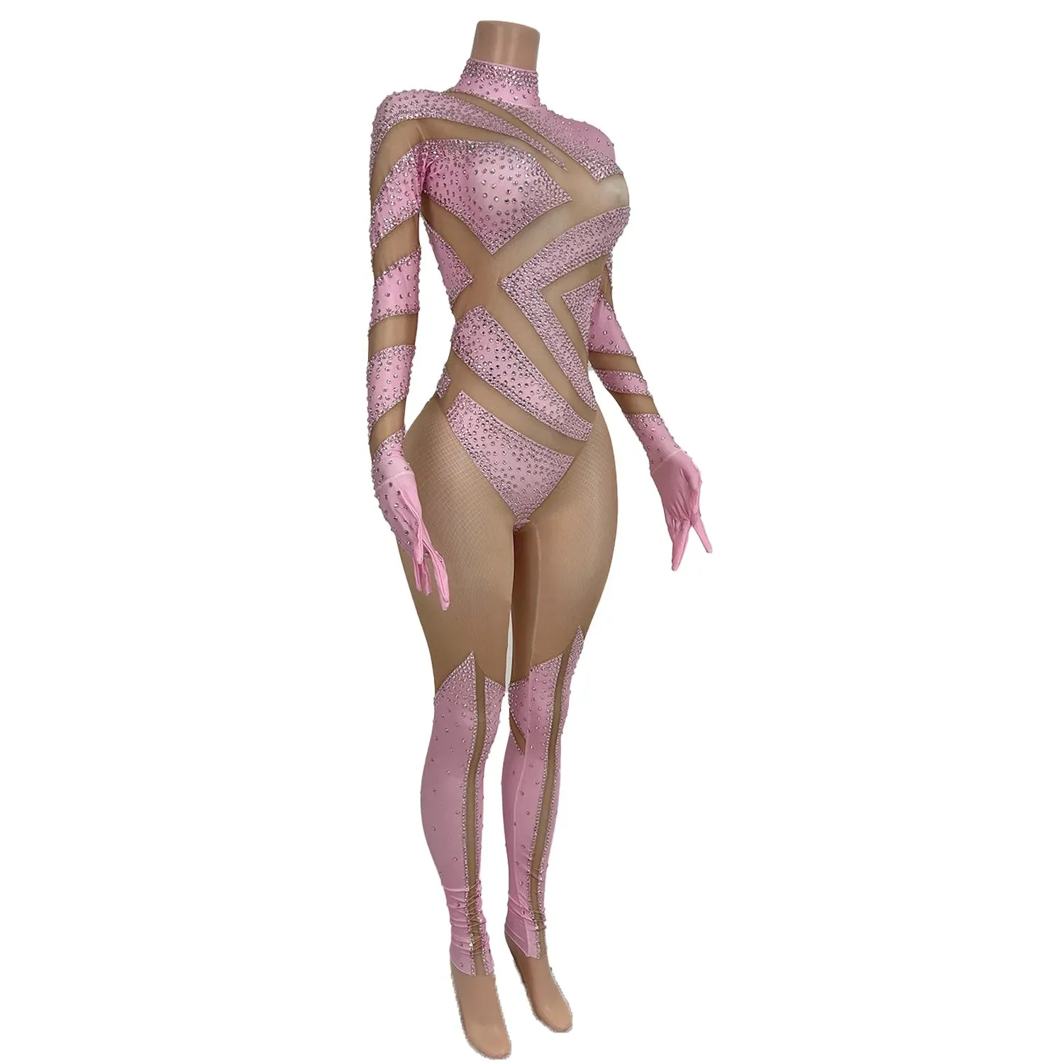 Sexy Stretchy Performance Dance Nightclub Rompers Show Stage Wear Sparkly Rhinestones Jumpsuit Gloves For Women Costume Jimu