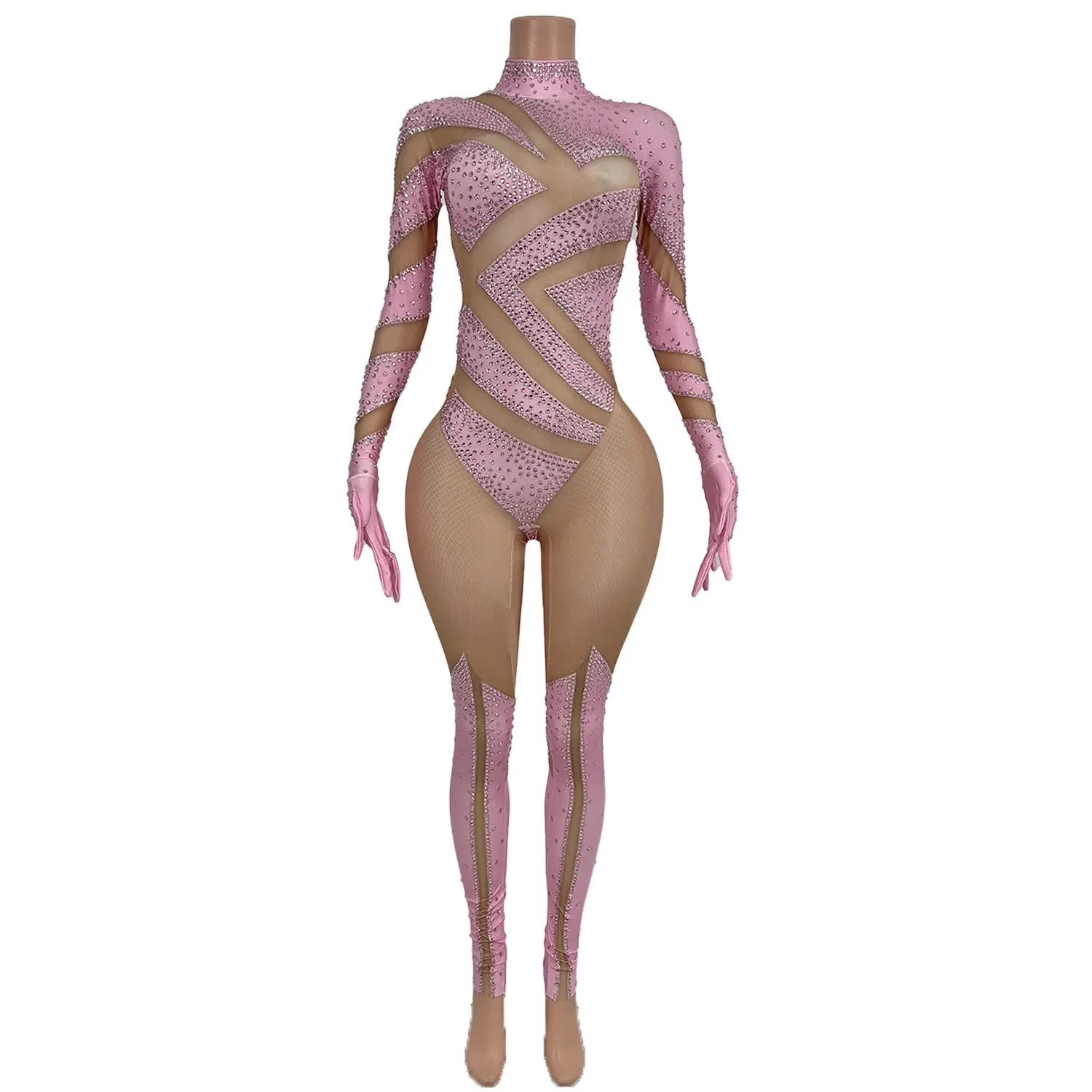 Sexy Stretchy Performance Dance Nightclub Rompers Show Stage Wear Sparkly Rhinestones Jumpsuit Gloves For Women Costume Jimu