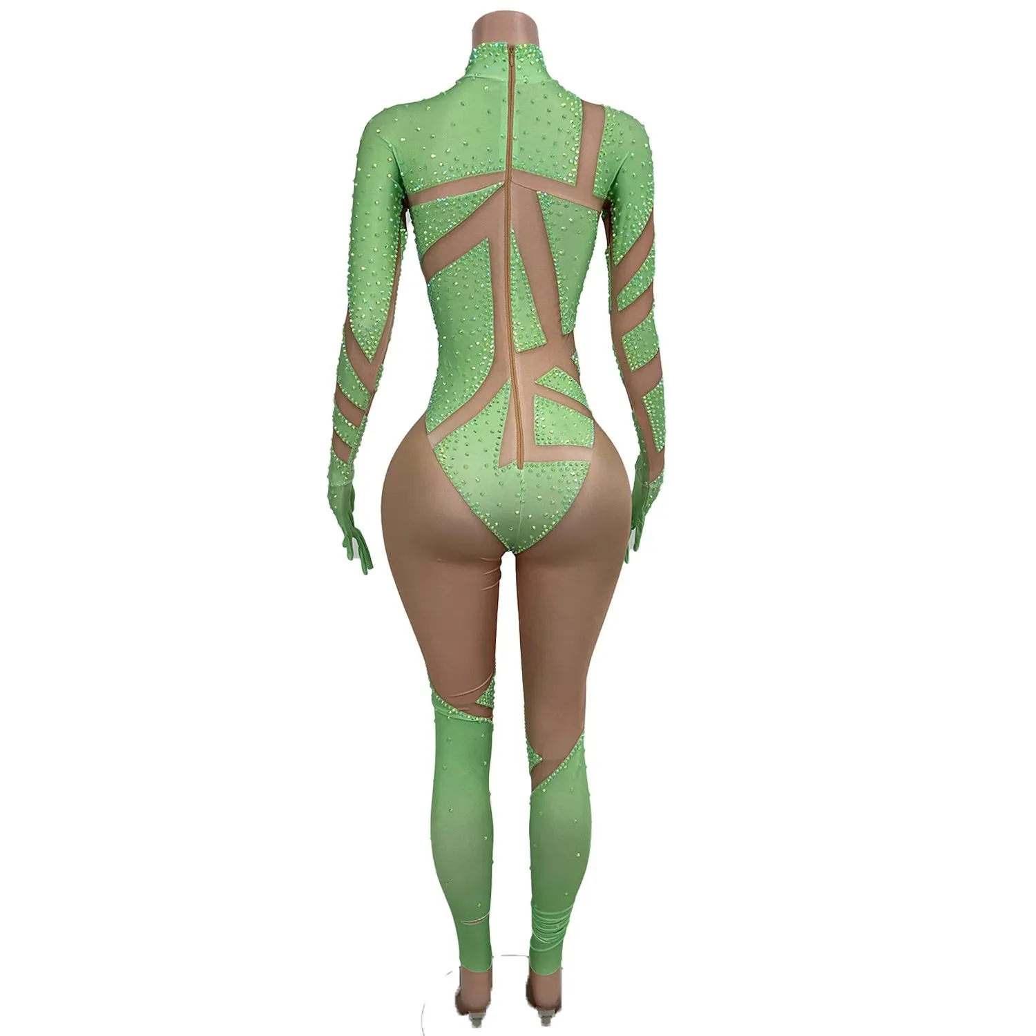 Sexy Stretchy Performance Dance Nightclub Rompers Show Stage Wear Sparkly Rhinestones Jumpsuit Gloves For Women Costume Jimu