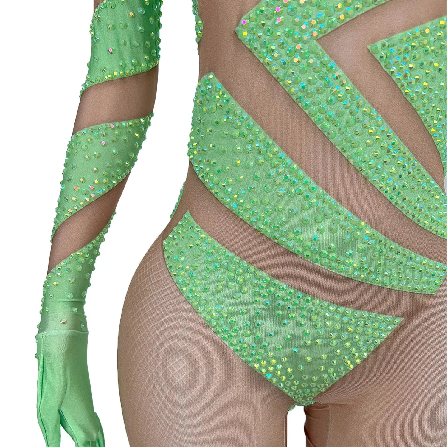 Sexy Stretchy Performance Dance Nightclub Rompers Show Stage Wear Sparkly Rhinestones Jumpsuit Gloves For Women Costume Jimu