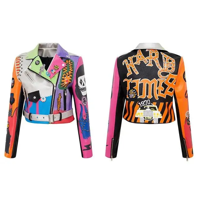 Short Leather Jackets For Punk Women Rivet Slim Streetwear Motorcycle Jackets Coat