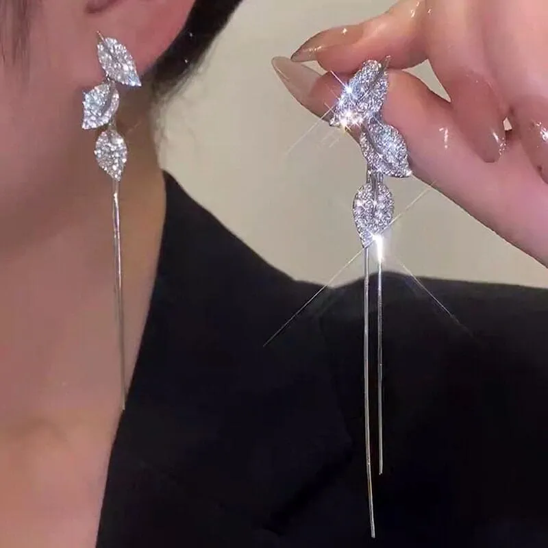Silver Leaf 2-in-1 Ear Jacket Stud Earrings, Studded Silver Leaf Double Chain Dangle Earrings, Minimalist Tassel Earrings