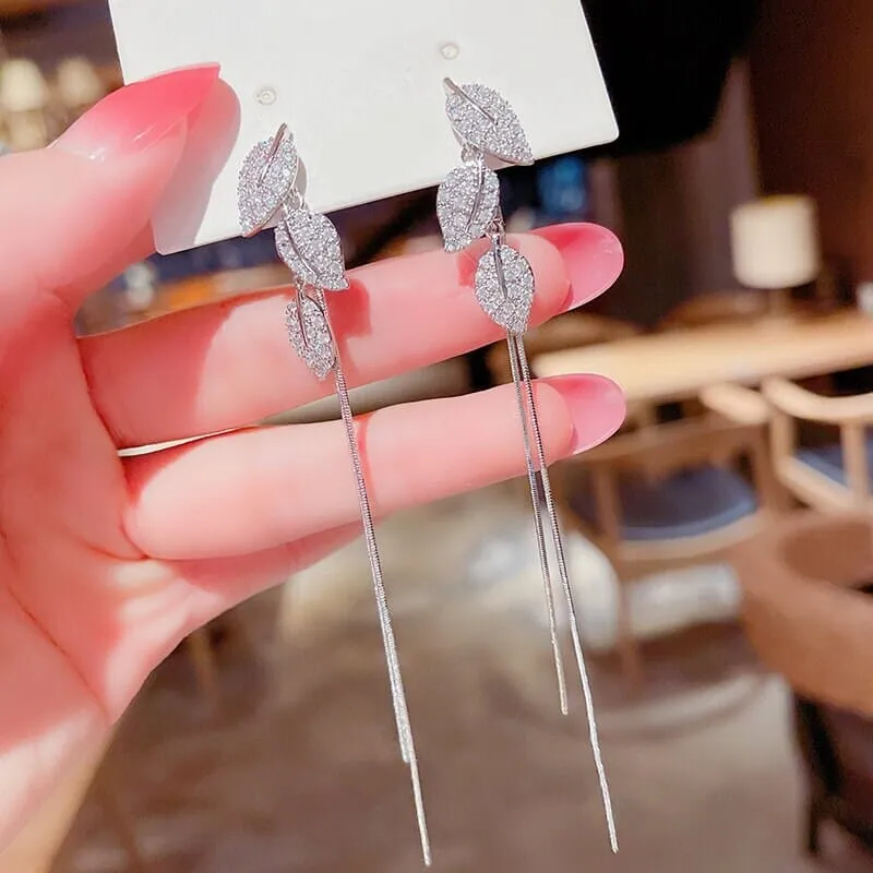 Silver Leaf 2-in-1 Ear Jacket Stud Earrings, Studded Silver Leaf Double Chain Dangle Earrings, Minimalist Tassel Earrings