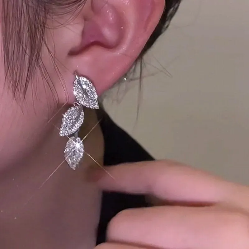 Silver Leaf 2-in-1 Ear Jacket Stud Earrings, Studded Silver Leaf Double Chain Dangle Earrings, Minimalist Tassel Earrings