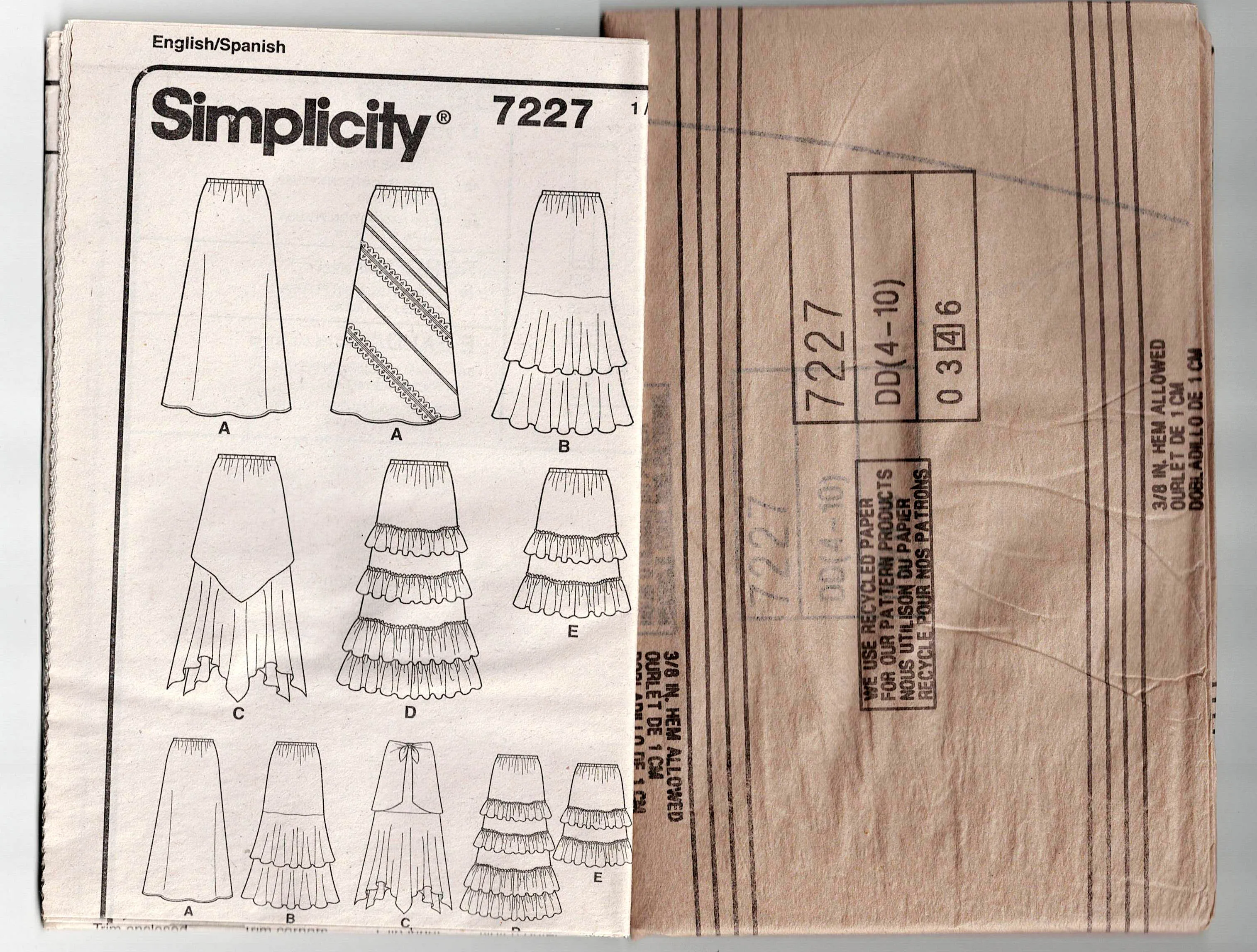 Simplicity 7227 Womens Plain or Ruffled Elastic Waist Skirts Out Of Print Sewing Pattern Size 4 - 10 UNCUT Factory Folded