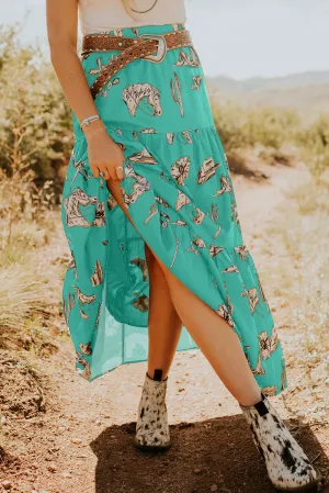 Sky Blue Western Print Tiered Ruffled High Waist Maxi Skirt
