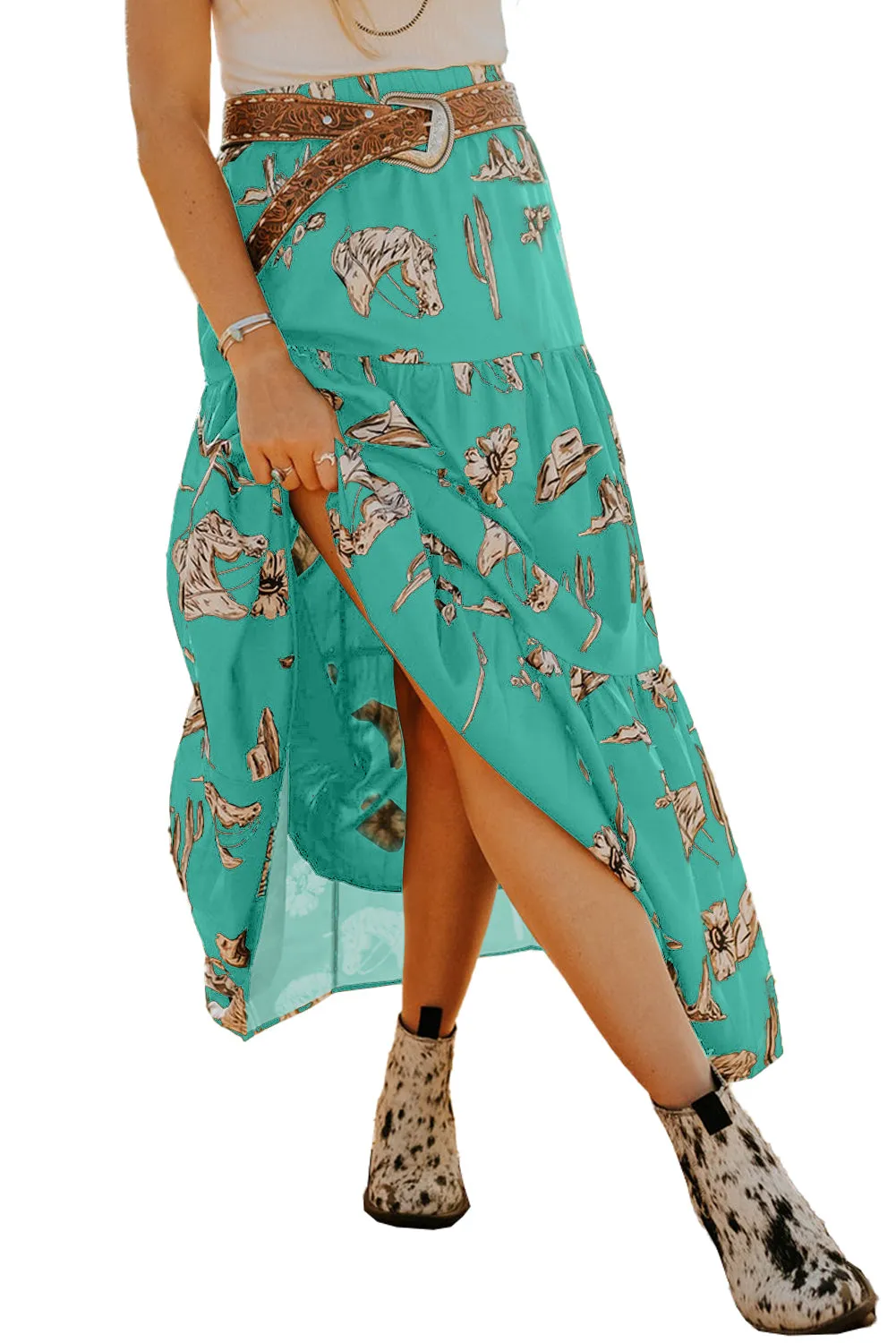Sky Blue Western Print Tiered Ruffled High Waist Maxi Skirt