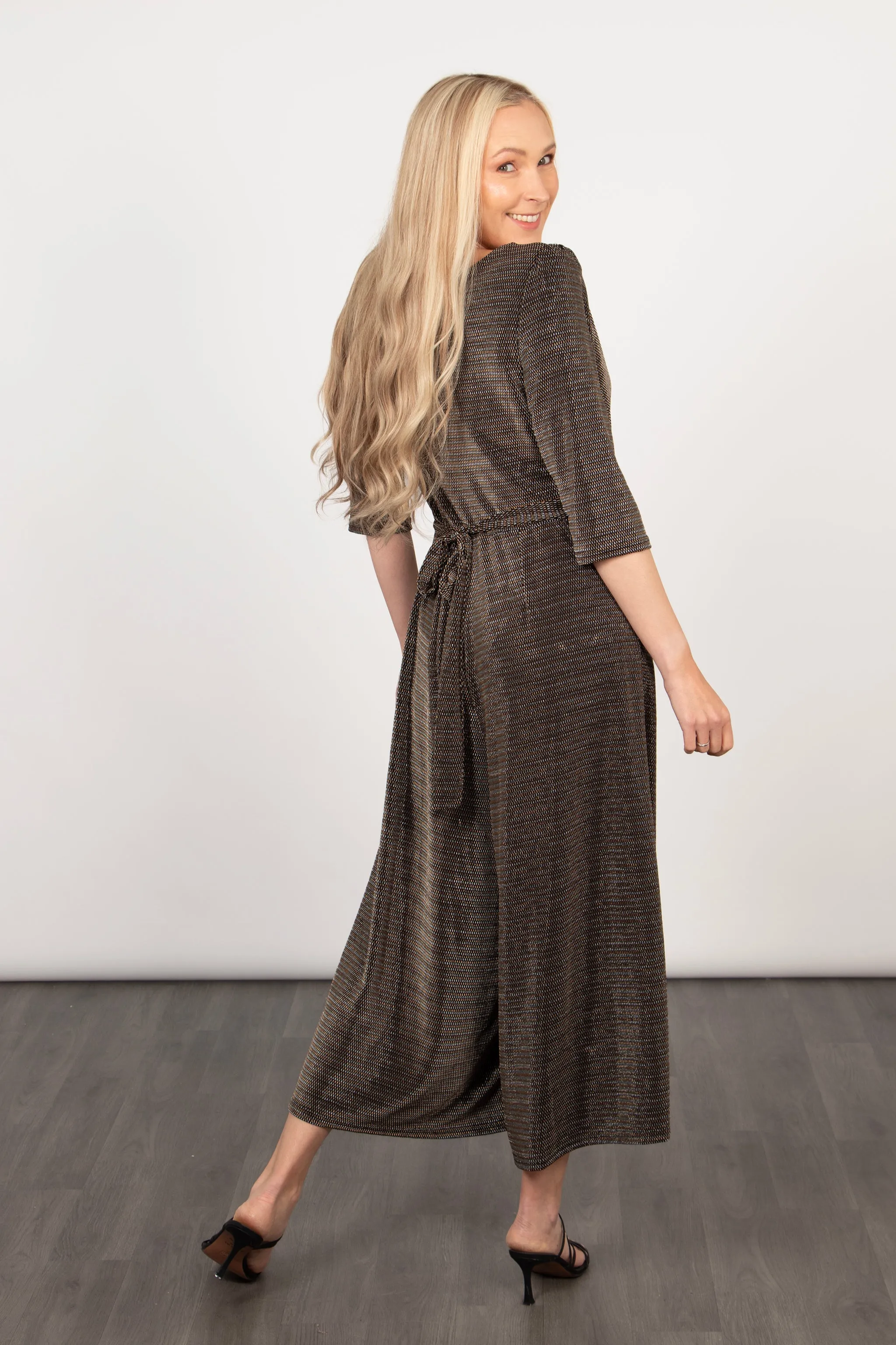 Sophia Wide Leg Cropped Jumpsuit - Black/Gold, Retro Glitter