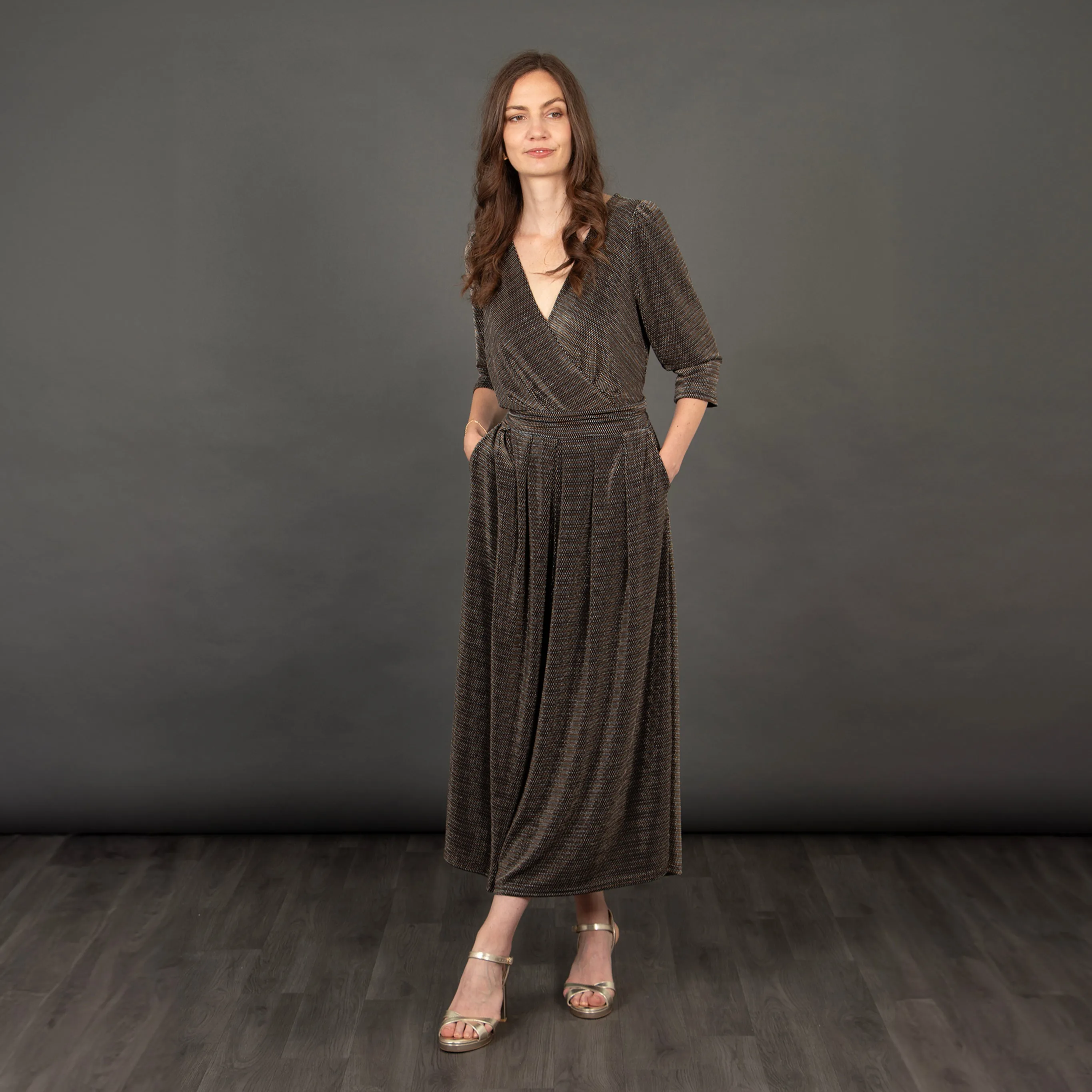 Sophia Wide Leg Cropped Jumpsuit - Black/Gold, Retro Glitter
