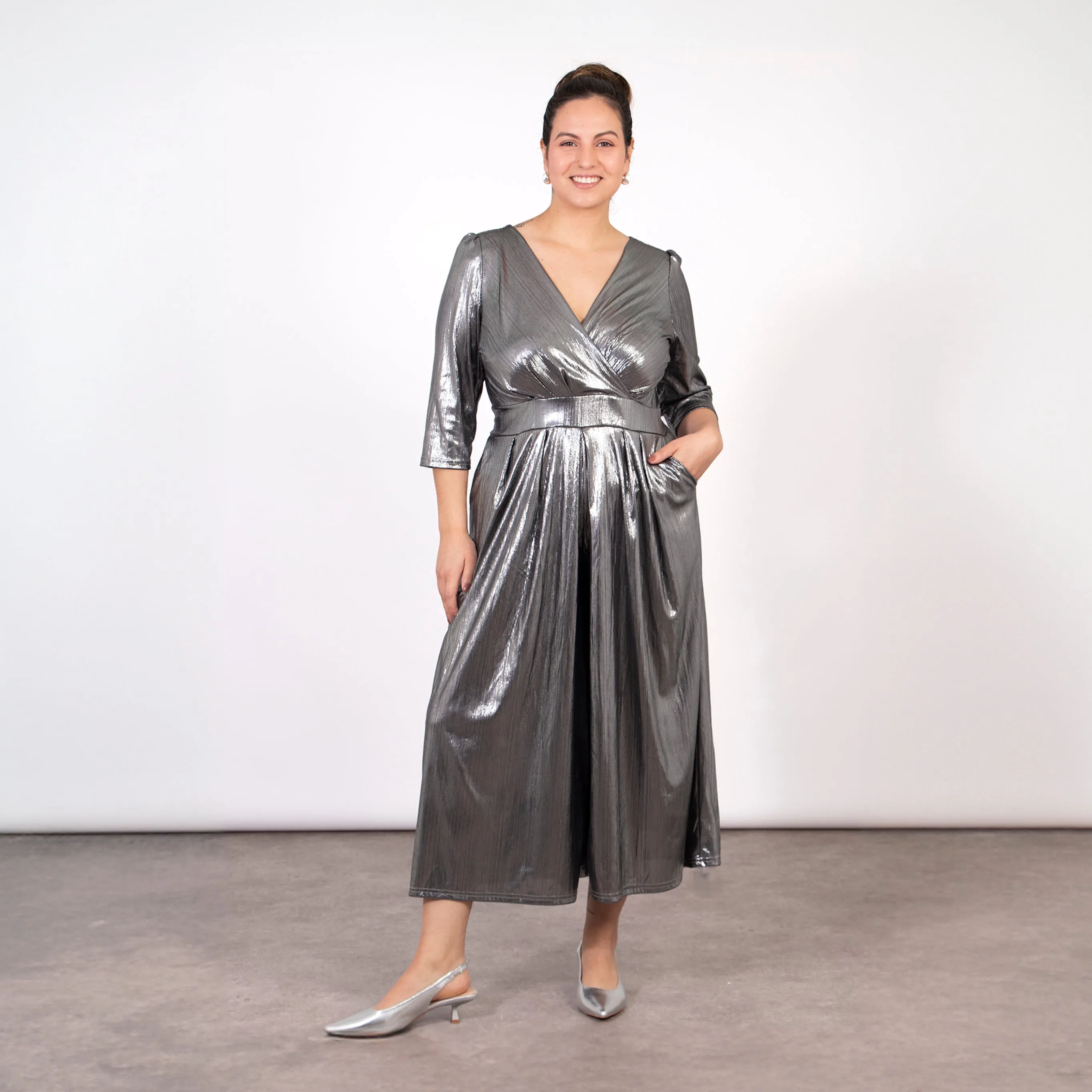 Sophia Wide Leg Jumpsuit - Silver, Polished Metal