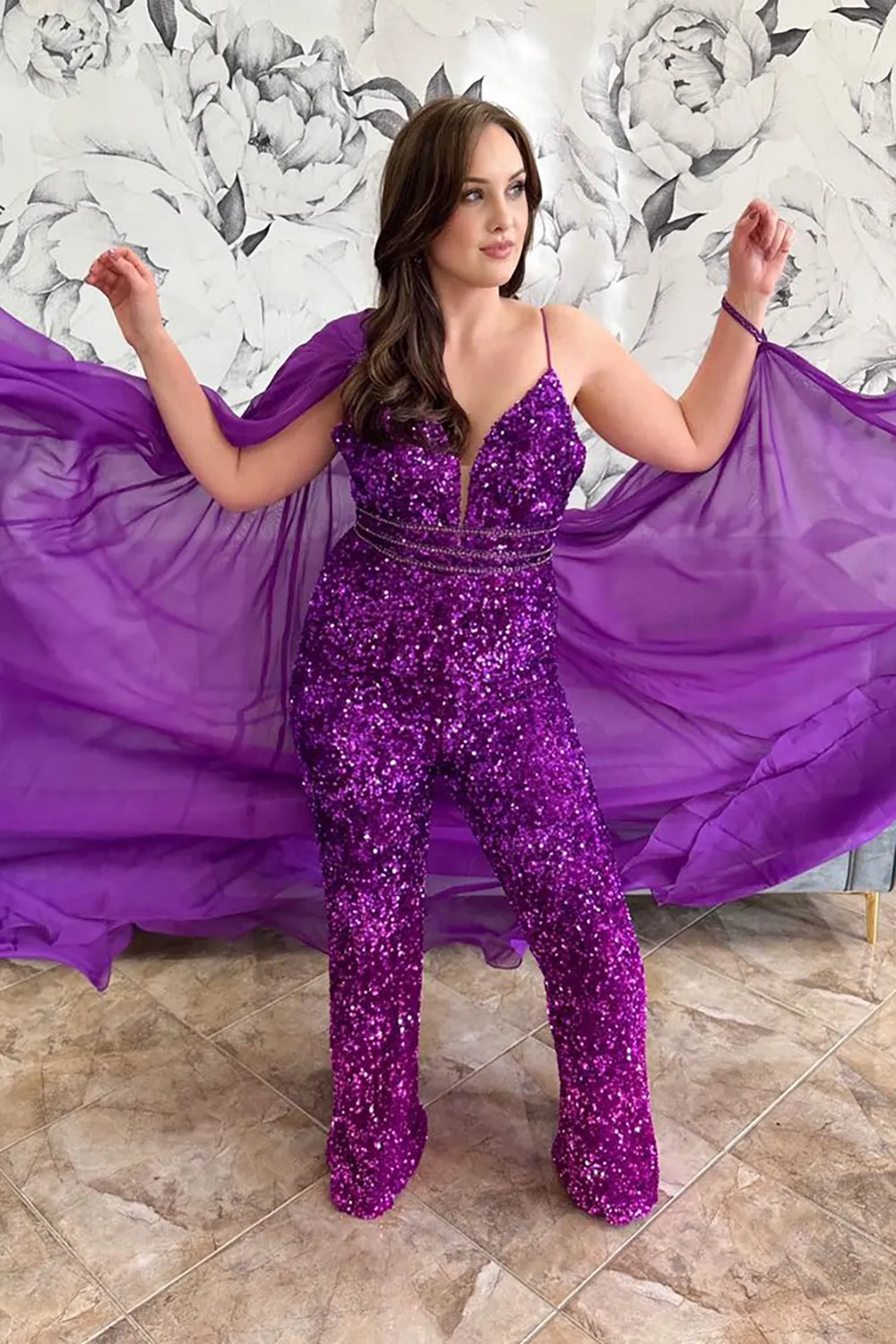 Sparkly Grape Sequin Long Prom Jumpsuits with Cape