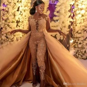 sparkly jumpsuit for women detachable skirt dusty pink Lace Applique beaded elegant bridal pant suits for evening dresses