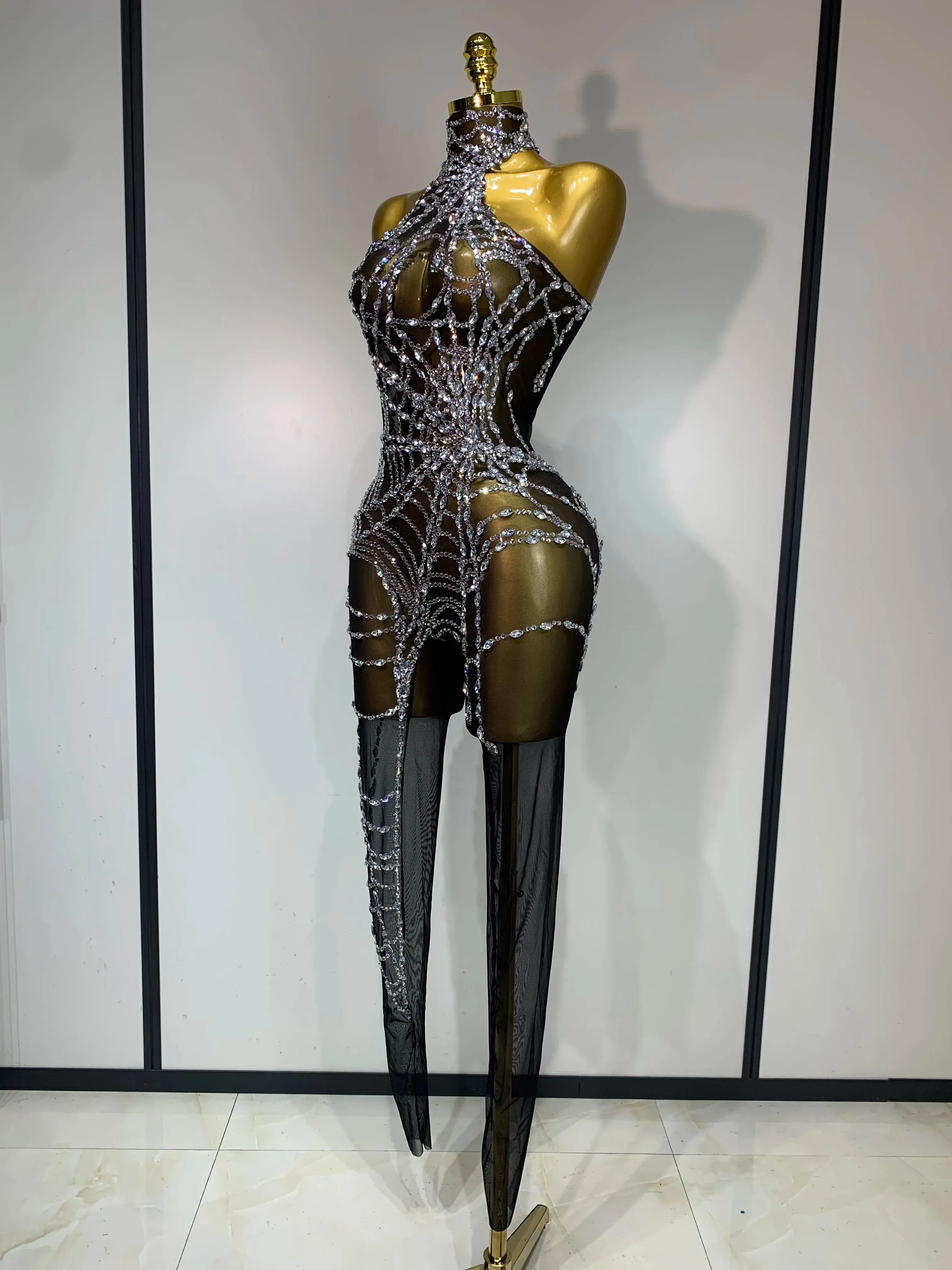 STOCK Sparkly Diamond Women Sexy Mesh Jumpsuit Nightclub Bar Party Show Gogo Dancer Clothing Drag Queen Outfit Stage Costume