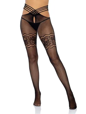 Strappy wrap Around Crotchless Fishnet Tights