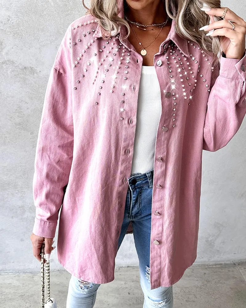Studded Beaded Buttoned Denim Jacket