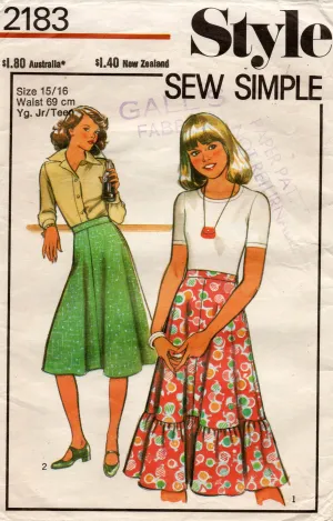 Style 2183 Young Junior Teen Girls Skirts with Ruffled Hem 1970s Vintage Sewing Pattern Size 15/16 Waist 27 inches
