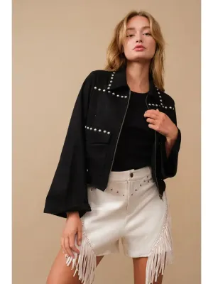 Suede Studded Zip Up Western Jacket