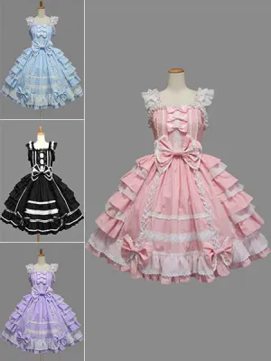 Sweet Lolita Dress JSK Rococo Pink Cotton Lace Bow Ruffled Layered Lolita Jumper Skirt