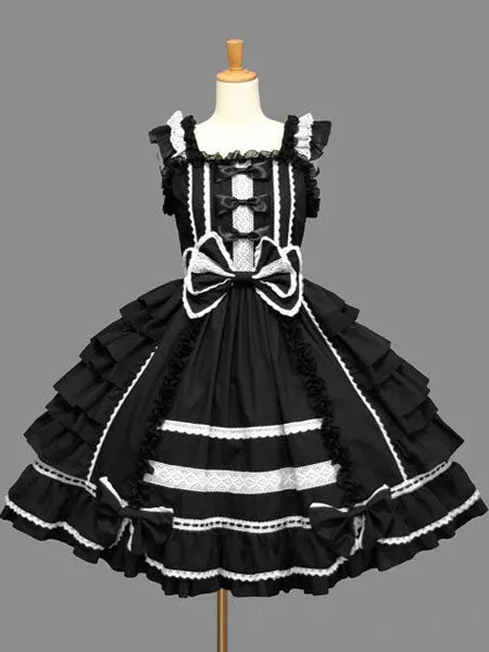 Sweet Lolita Dress JSK Rococo Pink Cotton Lace Bow Ruffled Layered Lolita Jumper Skirt