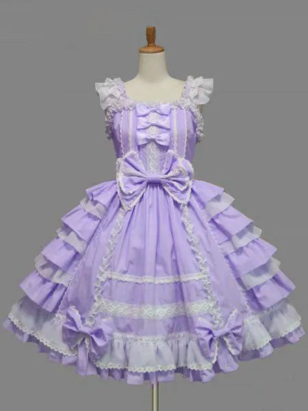 Sweet Lolita Dress JSK Rococo Pink Cotton Lace Bow Ruffled Layered Lolita Jumper Skirt
