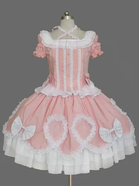 Sweet Lolita Dress Pink Lolita Dress OP Short Sleeve Peplum Ruffle Bow Lolita One Piece Dress