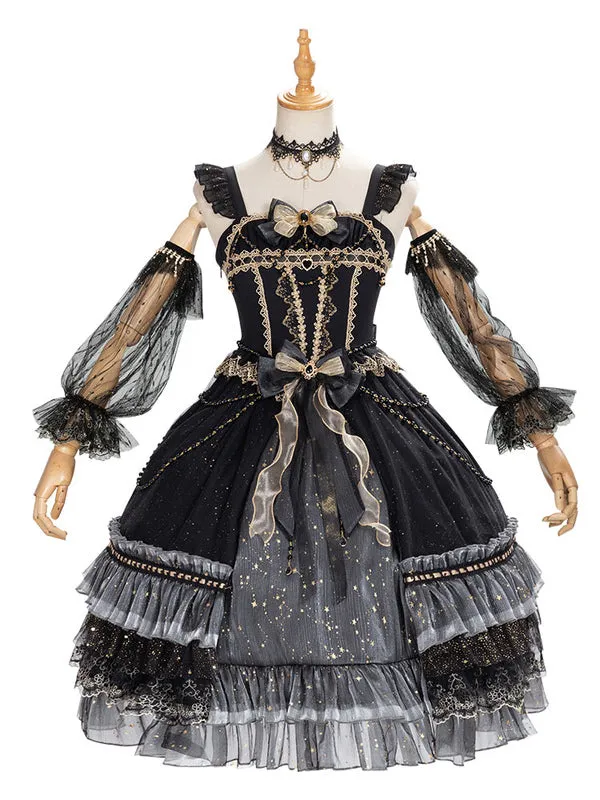 Sweet Lolita JSK Dress Lace Up Bows Tulle Polyester Black Lolita Jumper Skirts