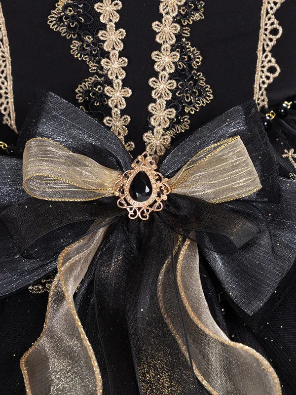 Sweet Lolita JSK Dress Lace Up Bows Tulle Polyester Black Lolita Jumper Skirts
