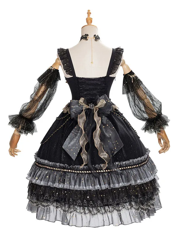 Sweet Lolita JSK Dress Lace Up Bows Tulle Polyester Black Lolita Jumper Skirts