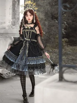 Sweet Lolita JSK Dress Lace Up Bows Tulle Polyester Black Lolita Jumper Skirts