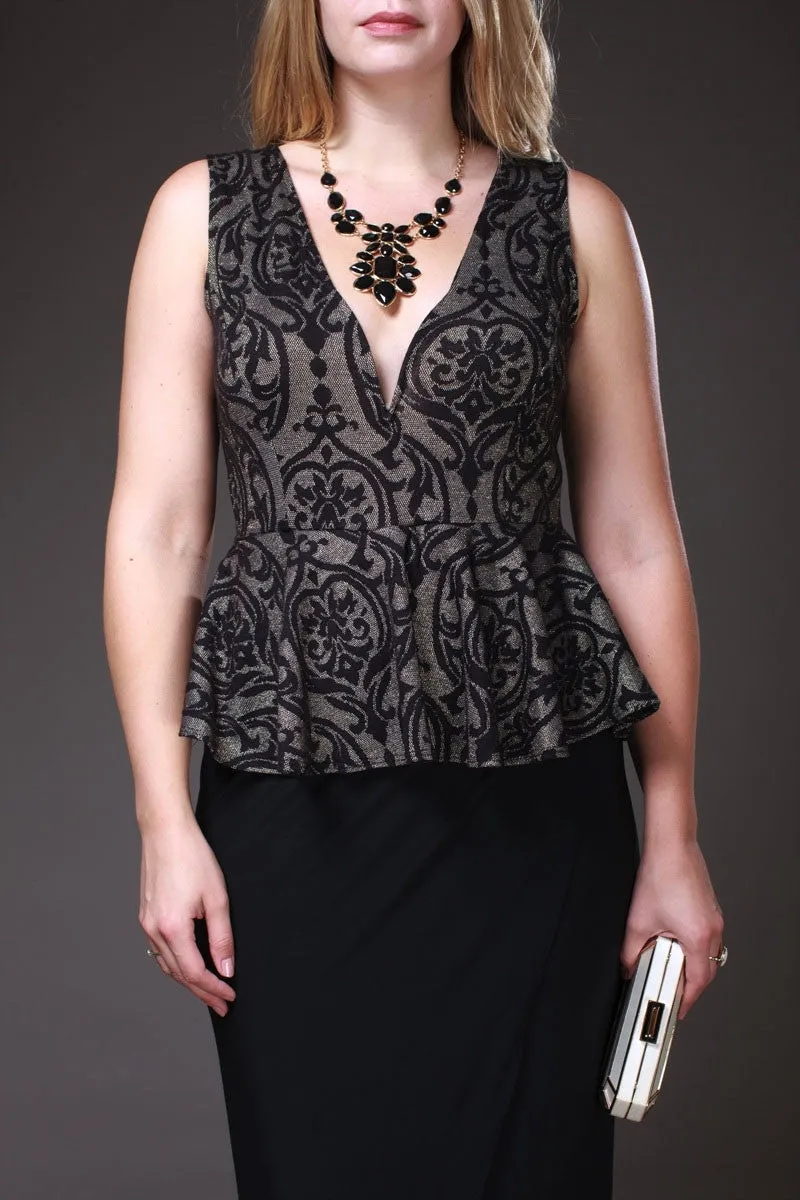 Tea Length Black Gold Semi Formal Peplum Dress V Neck Tank Strap