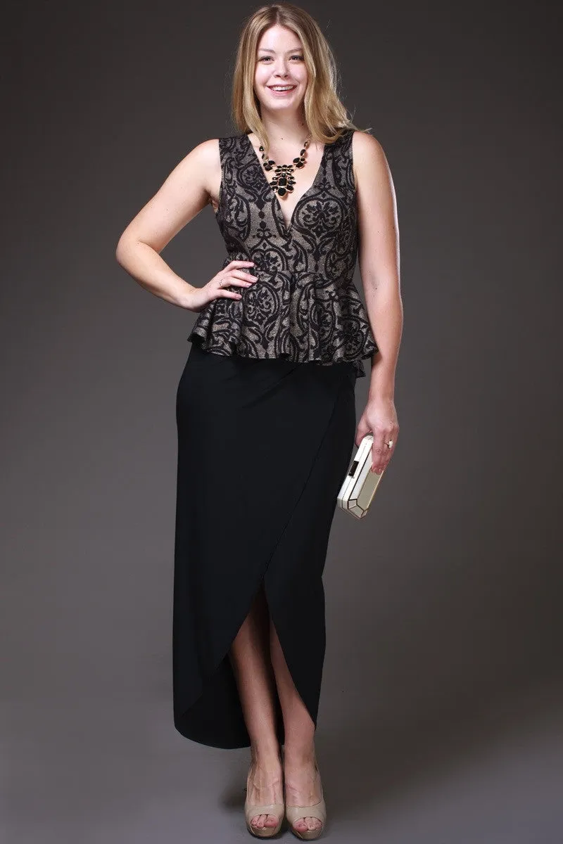 Tea Length Black Gold Semi Formal Peplum Dress V Neck Tank Strap
