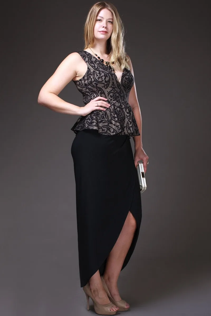 Tea Length Black Gold Semi Formal Peplum Dress V Neck Tank Strap