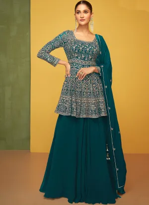 Teal Blue Embroidery Traditional Lehenga Kurti