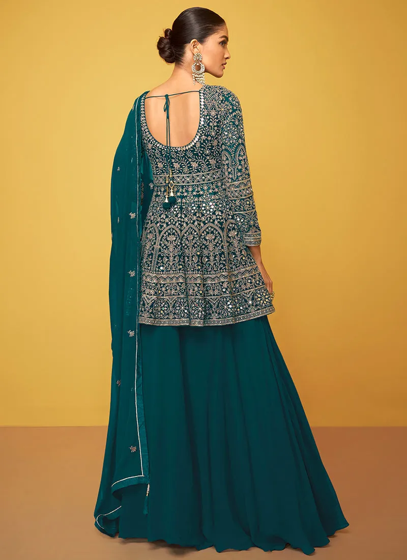 Teal Blue Embroidery Traditional Lehenga Kurti