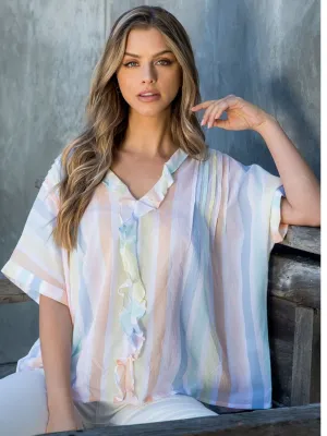 THML Striped Ruffle Vneck Blouse in Cream
