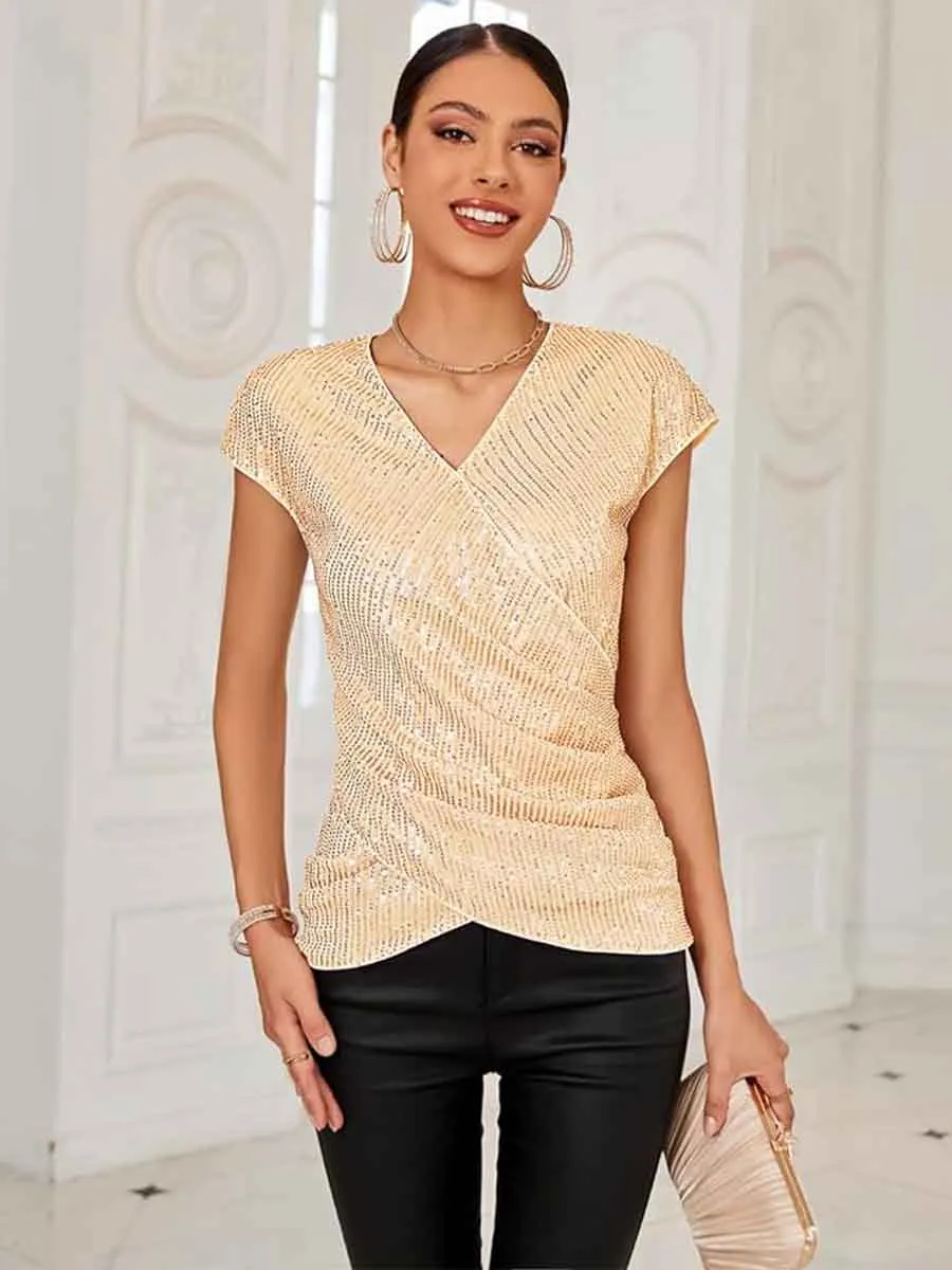 Twist Front V Neck Cap-Sleeve Champagne Sequin Shirt
