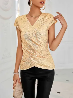 Twist Front V Neck Cap-Sleeve Champagne Sequin Shirt