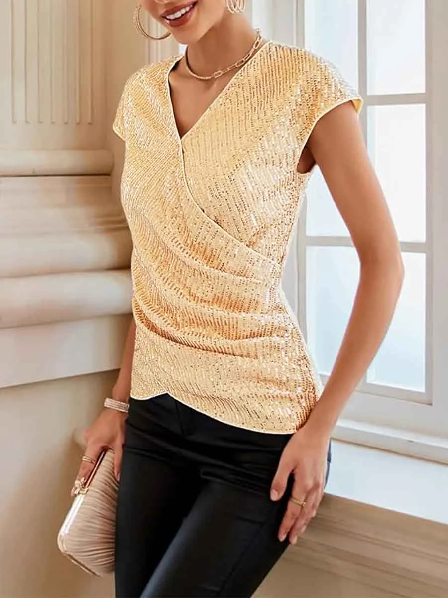Twist Front V Neck Cap-Sleeve Champagne Sequin Shirt