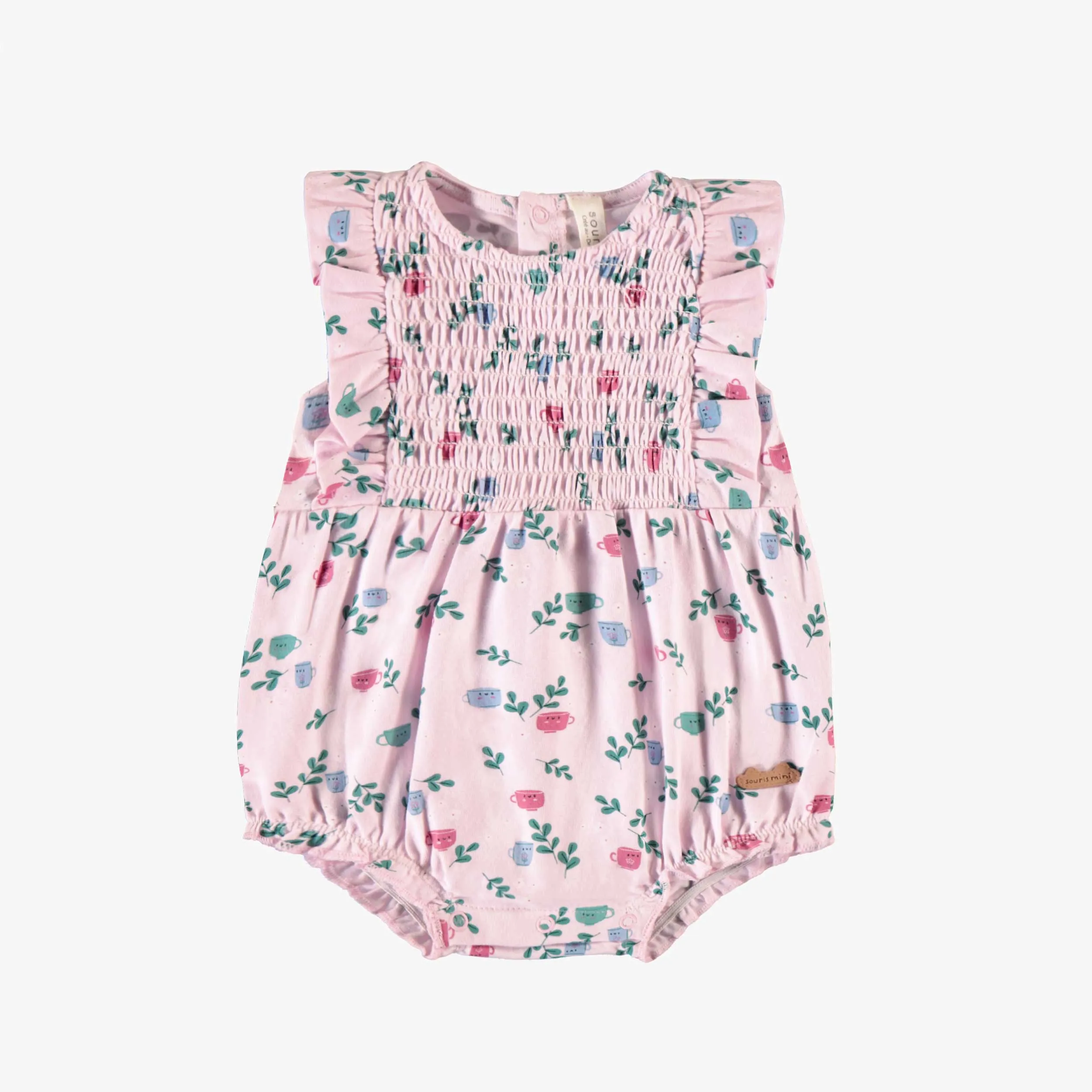 Une-pièce rose à motifs de tasses et fleurs, naissance || Pink one-piece with cups and flowers all over print, newborn