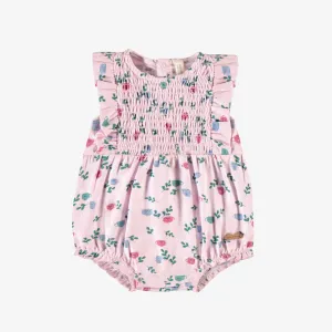Une-pièce rose à motifs de tasses et fleurs, naissance || Pink one-piece with cups and flowers all over print, newborn