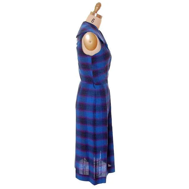 Vintage Blue Cotton Plaid Ombre Day Dress 1950s 40-32-42